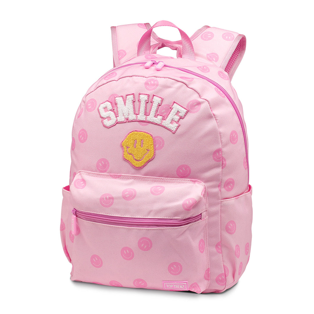 Top Trenz Pink Happy Face Patch Canvas Backpack