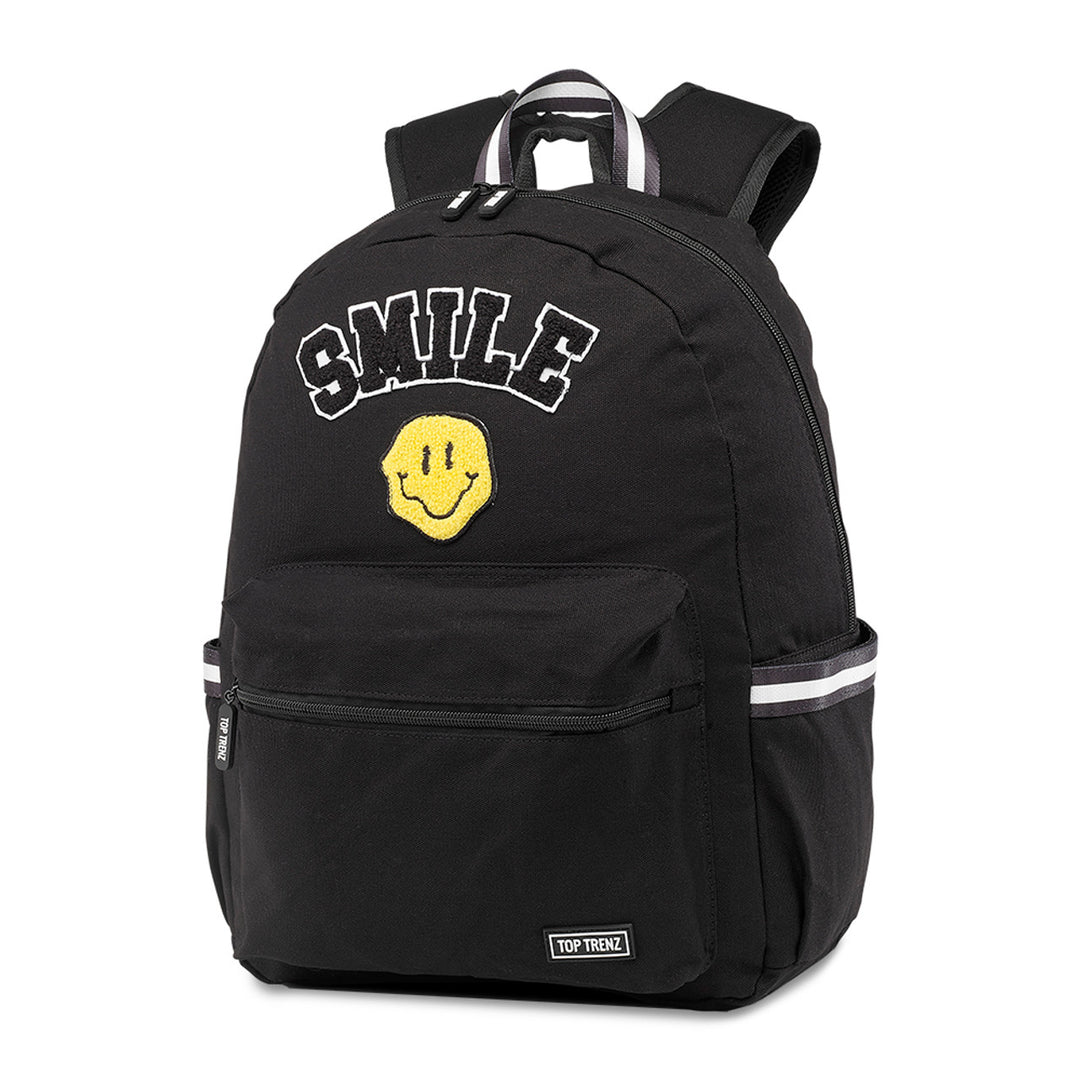 Top Trenz Black Smile Patch Canvas Backpack