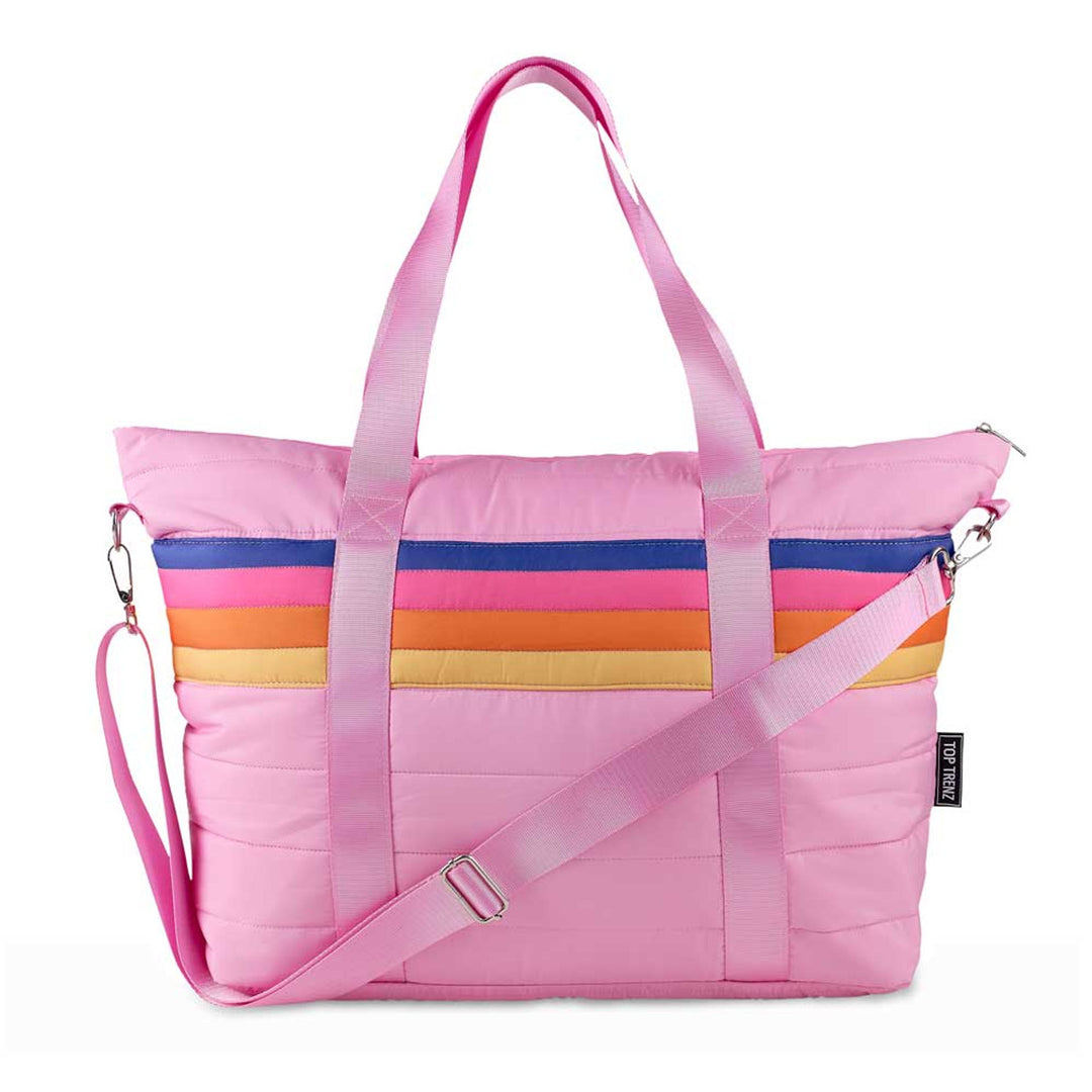 TopTrenz Pink Puffer Tote with Retro Stripe