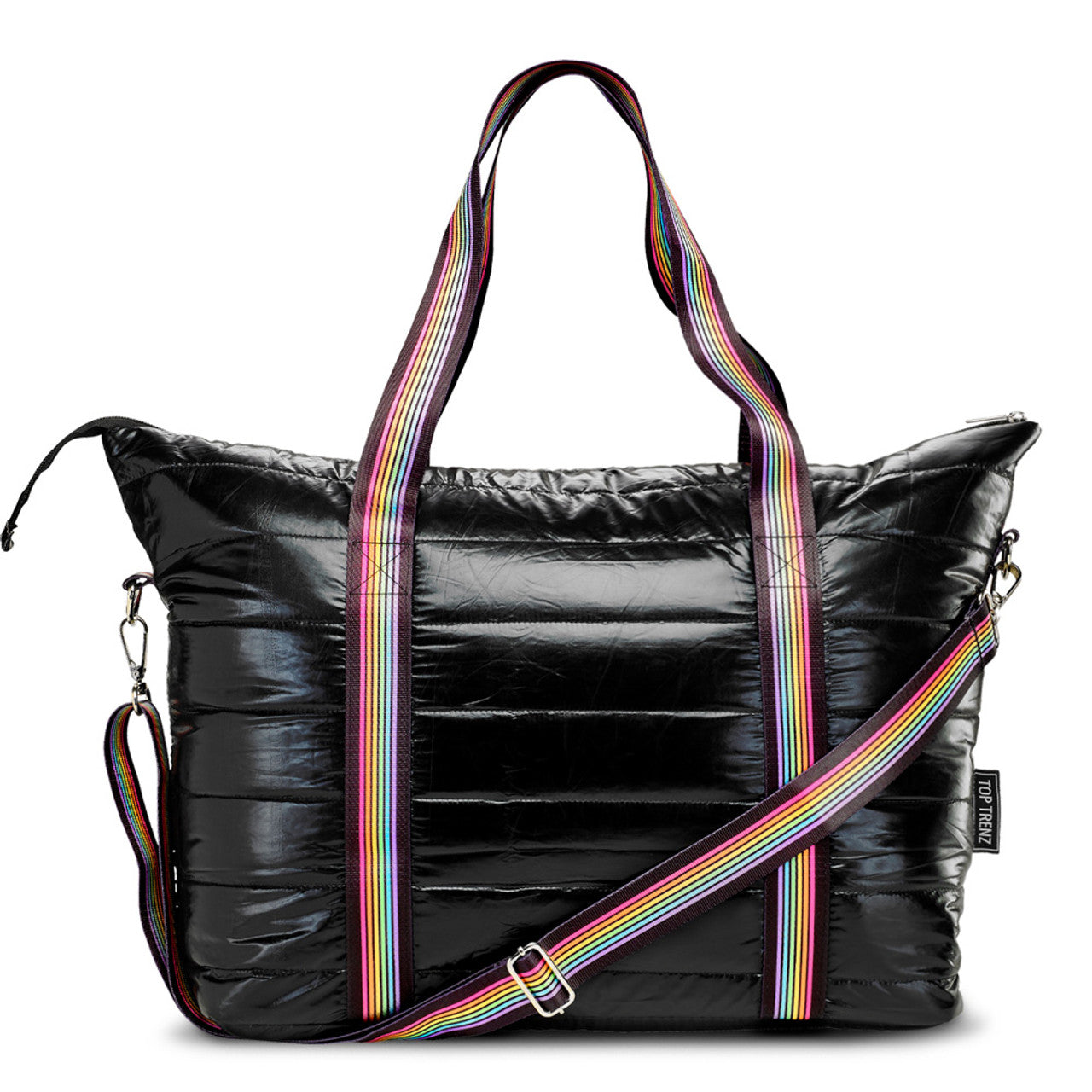 Black Puffer Tote Bag with Rainbow Track Strap Toytown Toytown Toronto